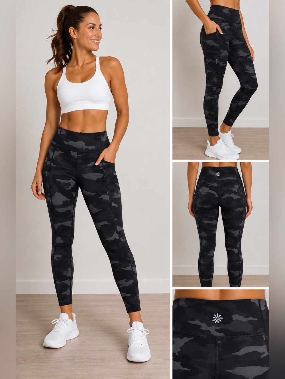 Athleta M Black Gray Camo High Rise Leggings Zip Pocket Performance